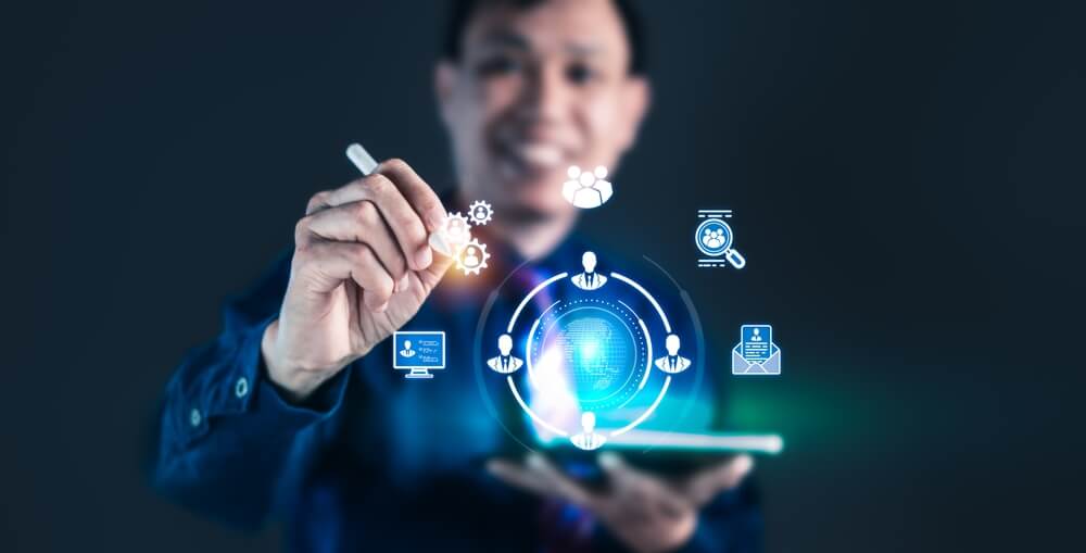 Professional using a digital interface with customer service icons, illustrating how BPO uses voice process and non-voice process to support business operations.