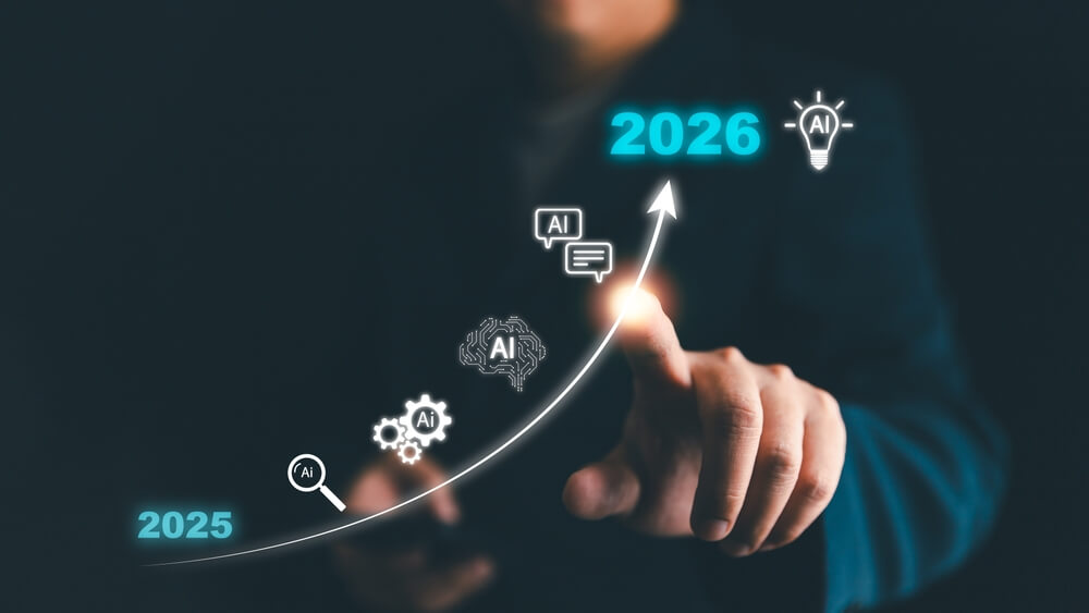 Businessman pointing at AI growth trend from 2025 to 2026, symbolizing artificial intelligence innovation, technology progress, digital transformation, future business strategy, data-driven solution