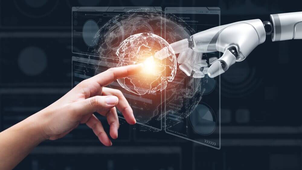 Human hand and robotic hand interacting over a digital interface, illustrating how artificial intelligence enhances customer service while preserving human relationships in the insurance industry.