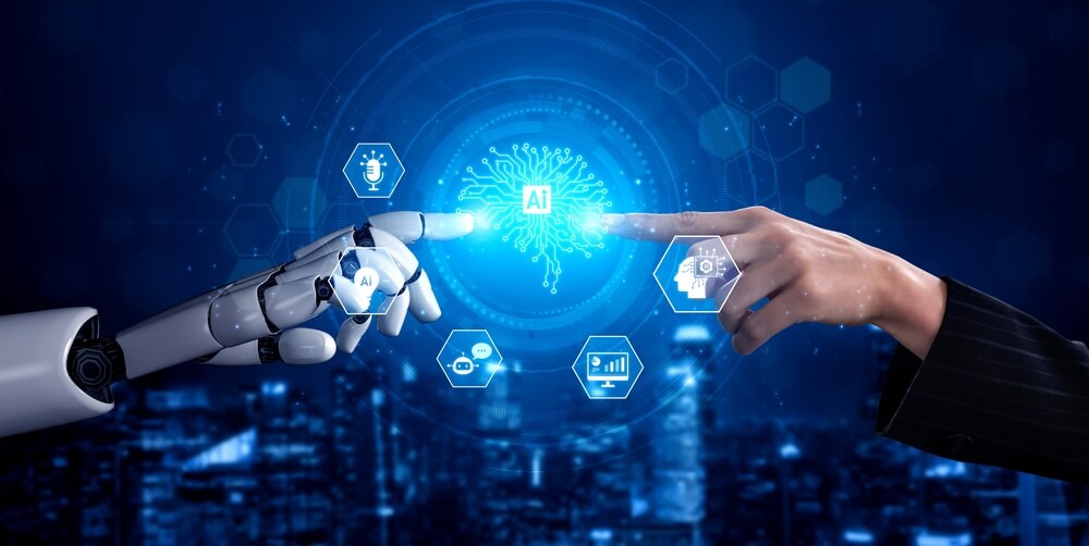 Robot and human hands connect through AI technology, illustrating the future of insurance with smarter digital solutions.